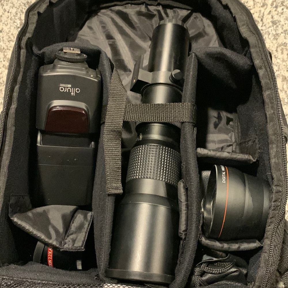Backpack with camera lenses